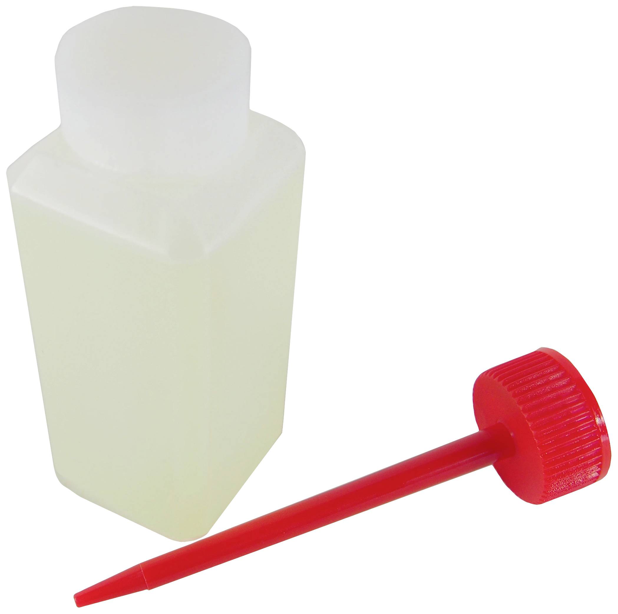 Eine transparente Plastikflasche mit rotem Schraubverschluss und schmaler Tülle liegt daneben.