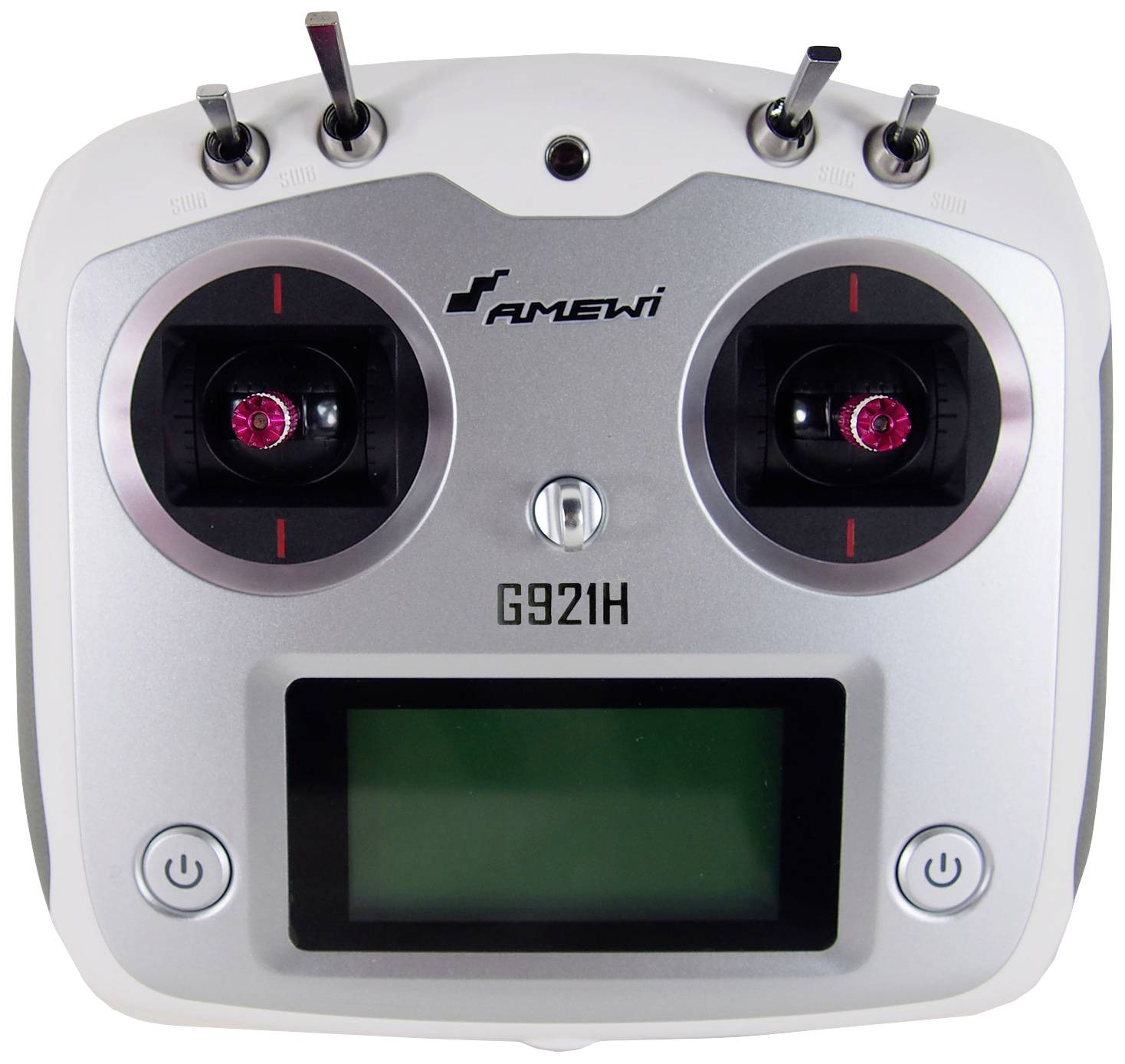 'Fernsteuerung für Modellflugzeuge mit zwei Joysticks, Schaltern und einem Display, Modell G921H.'