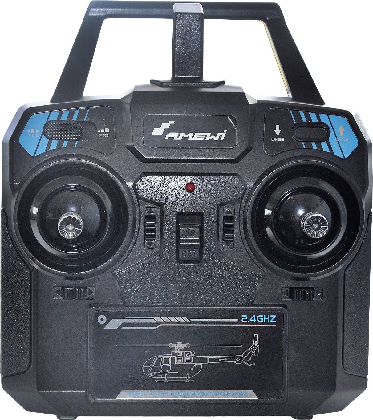 Fernsteuerung mit zwei Joysticks, Schaltern und blauem AMEWI-Logo. 2,4 GHz Frequenz für Modellhubschrauber-Steuerung.