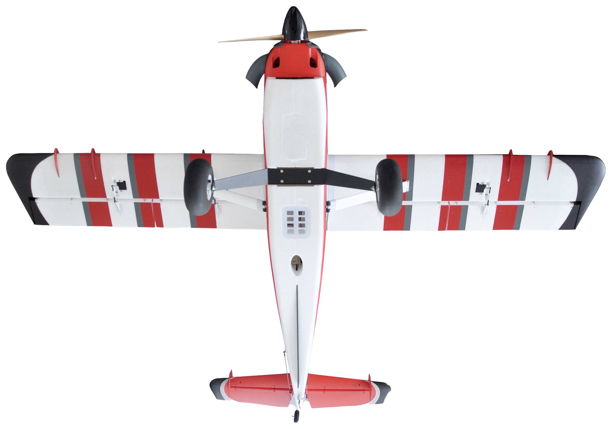 Ferngesteuertes Modellflugzeug in rot-weißer Lackierung, von oben betrachtet, mit markanten roten Streifen auf den Flügeln.