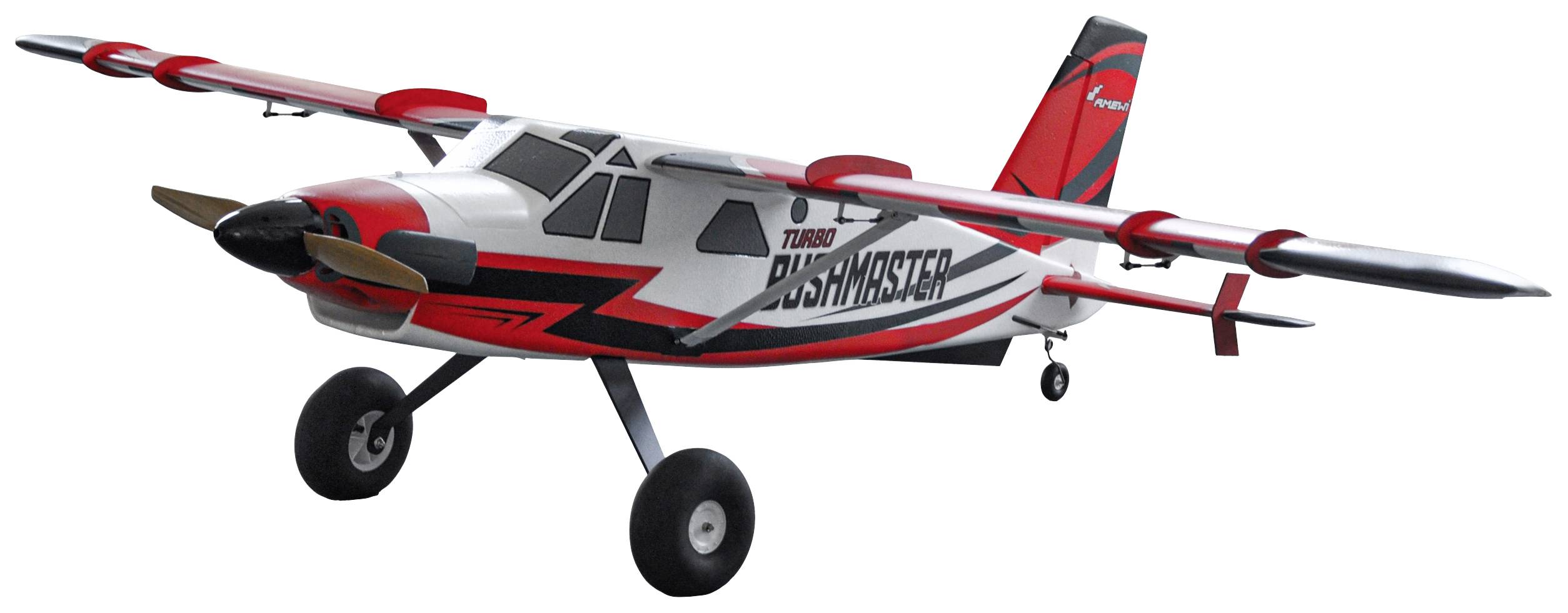 Flugzeugmodell 'Turbo Bushmaster' in Rot, Weiß und Schwarz mit Propellern und großen Rädern, speziell für unwegsames Gelände.