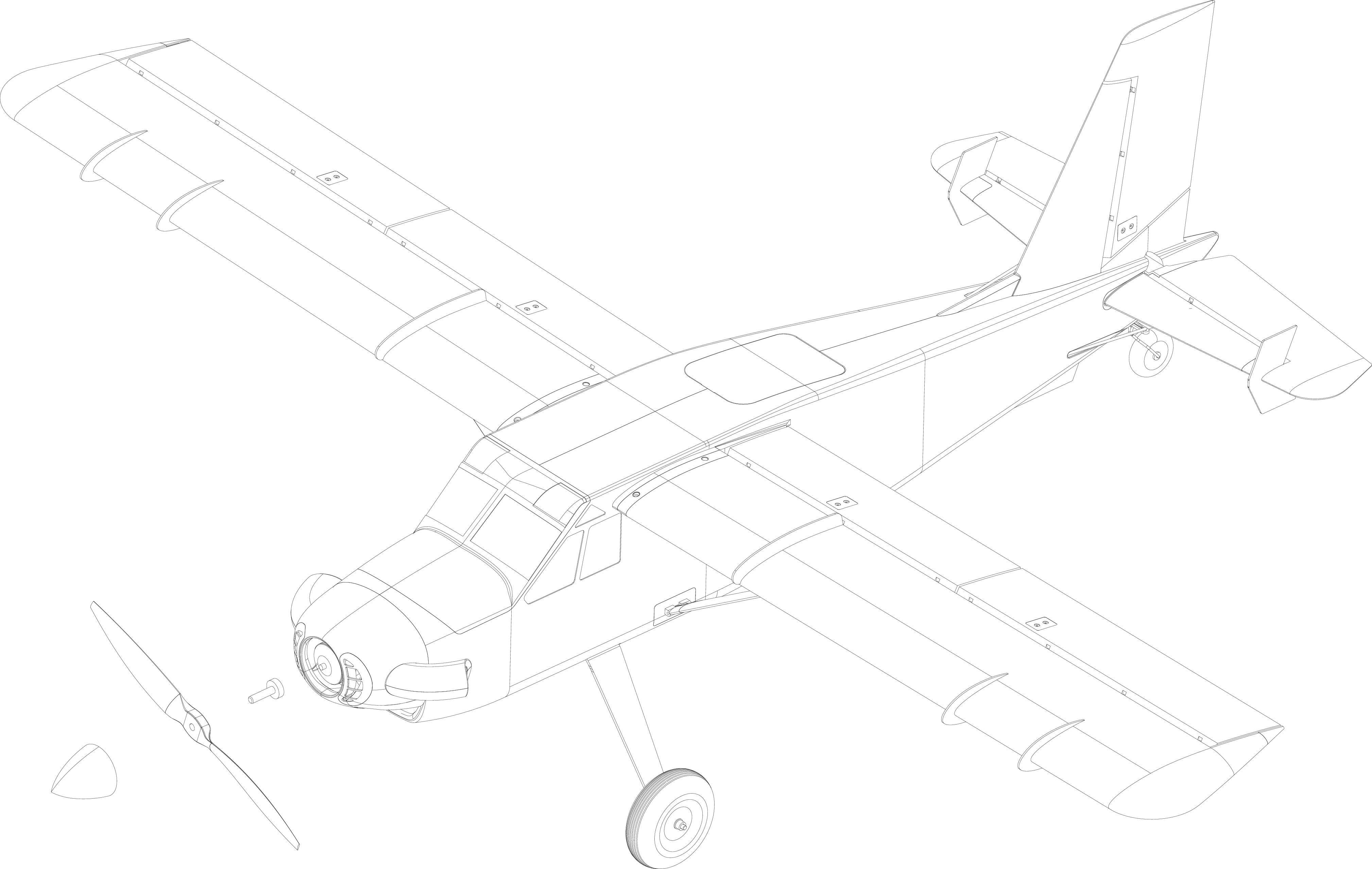 Strichzeichnung von zwei kleinen Flugzeugen, die die Struktur und Komponenten wie Flügel, Rumpf und Propeller detailliert zeigt.