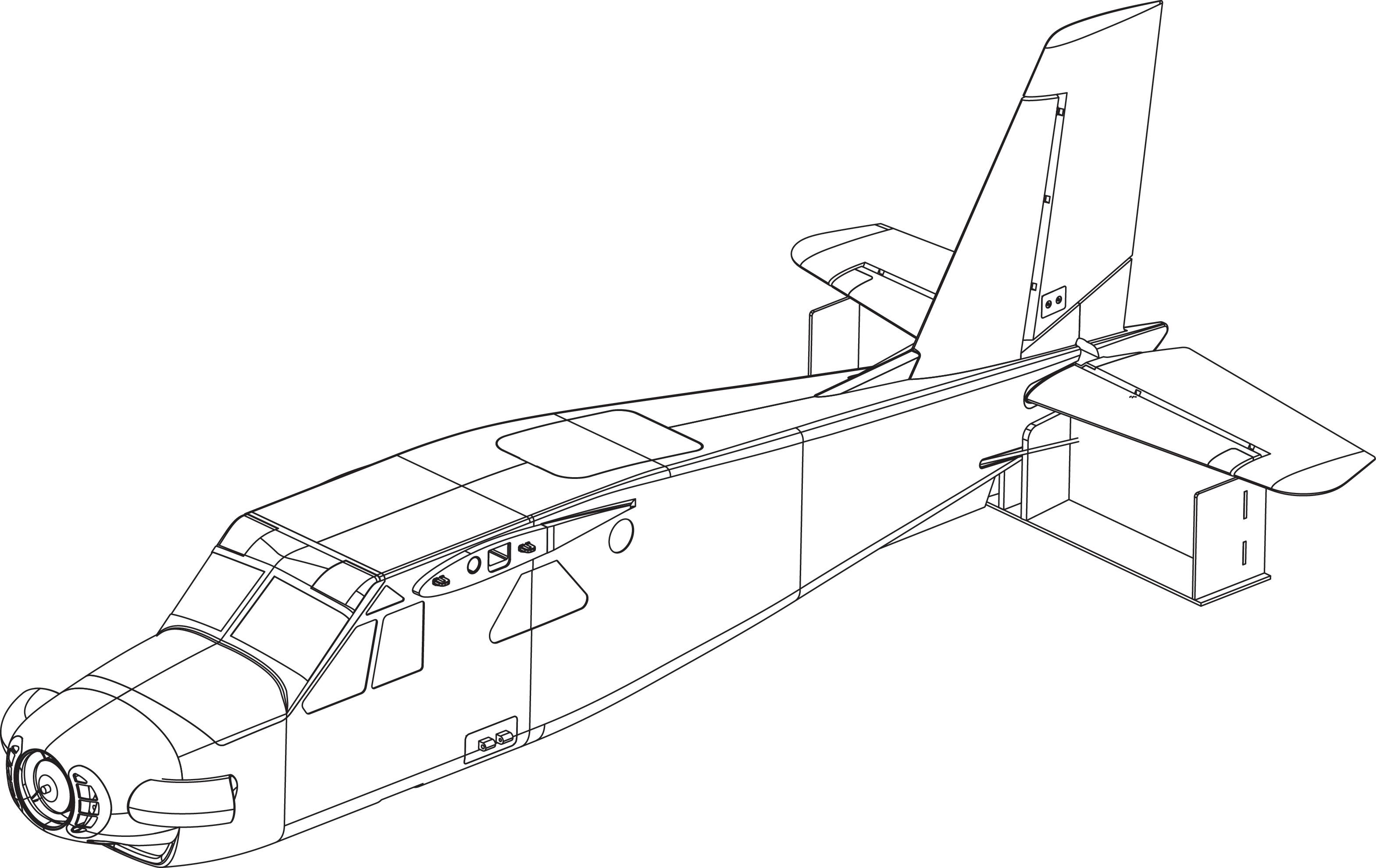 Technische Zeichnung eines Flugzeugs ohne sichtbare Details oder Farben. Zeigt Rumpf, Flügel und Leitwerk in einer seitlichen Ansicht.