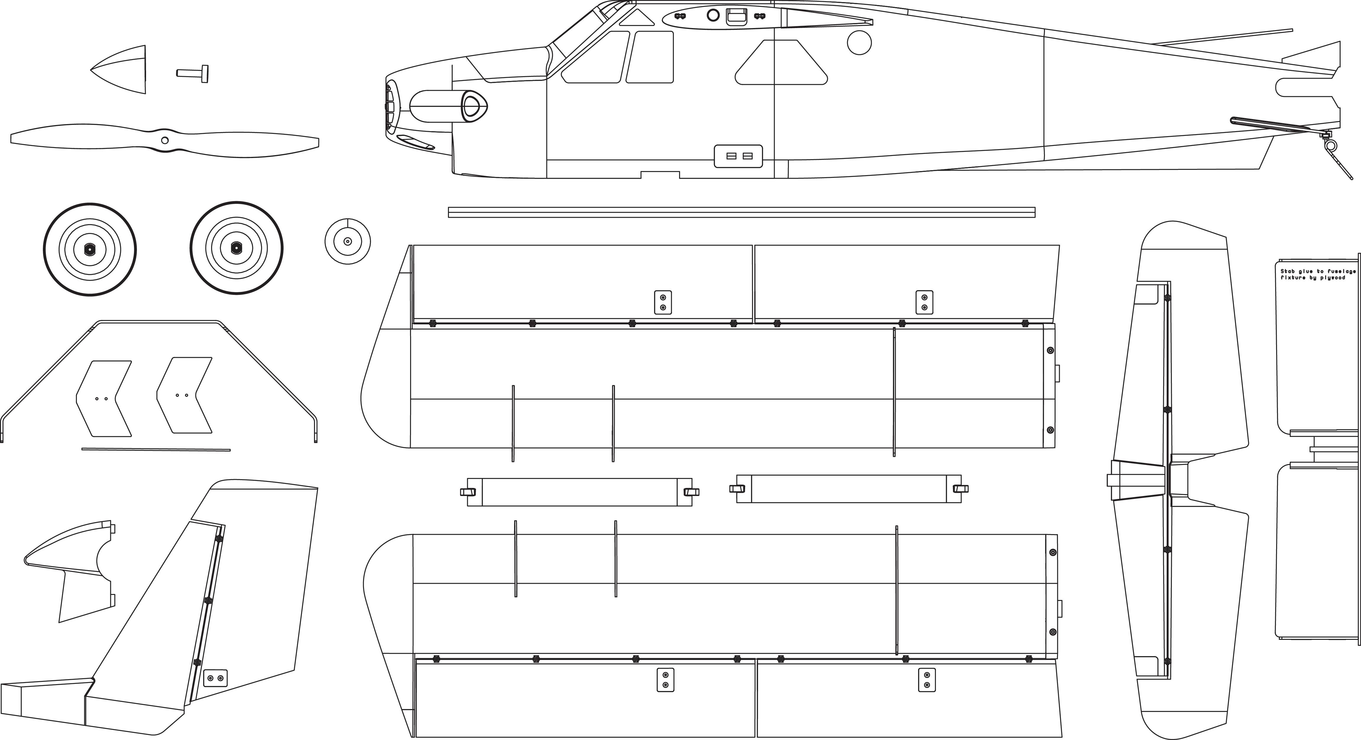 Zeichnung eines Flugzeugmodells mit detaillierten Ansichten von Seiten-, Vorder- und Oberansicht sowie Flügel- und Ruderkomponenten.