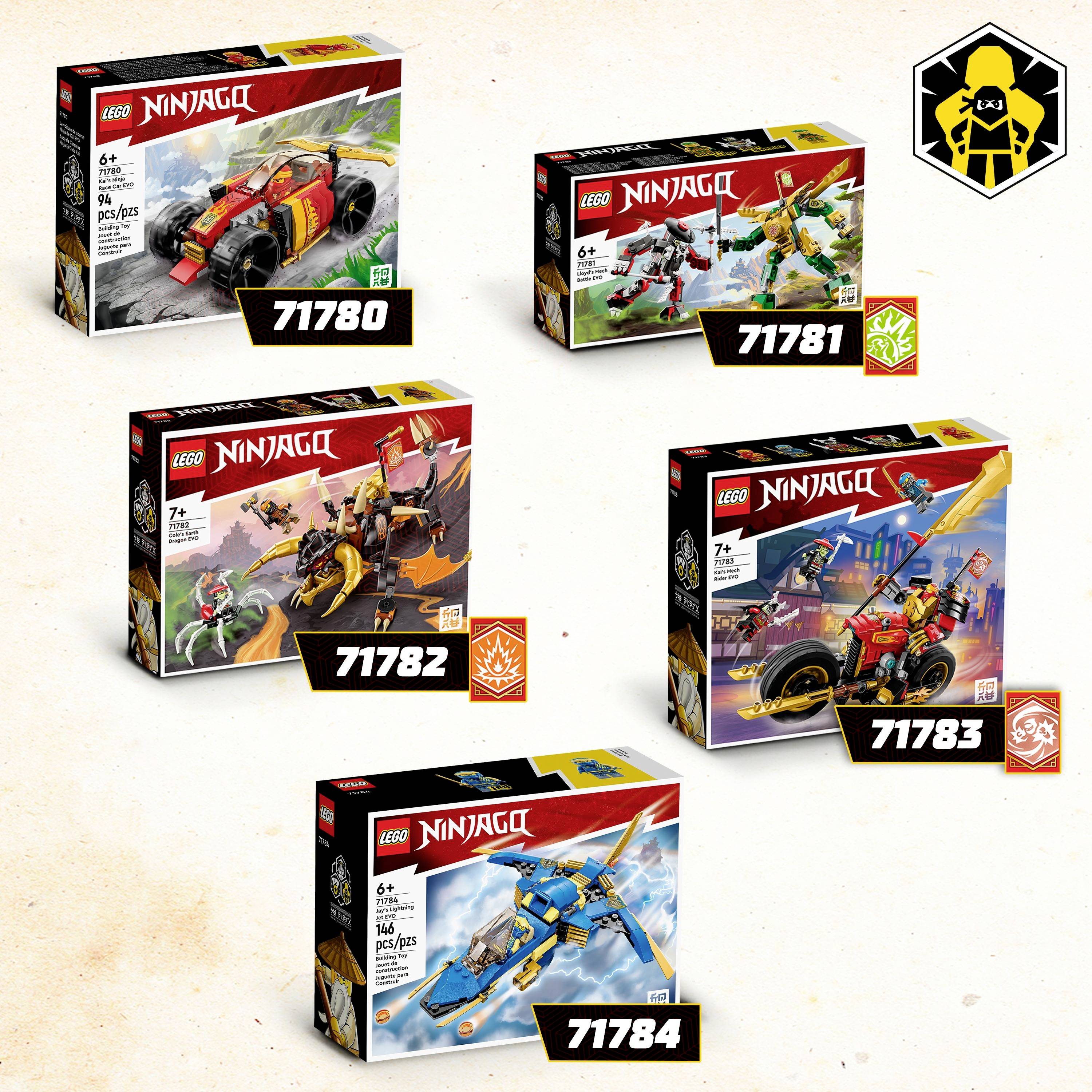 Fünf LEGO Ninjago Sets mit Nummern 71780, 71781, 71782, 71783, 71784 zeigen verschiedene Fahrzeuge und Szenen. Oben rechts ist ein Ninjago-Logo.