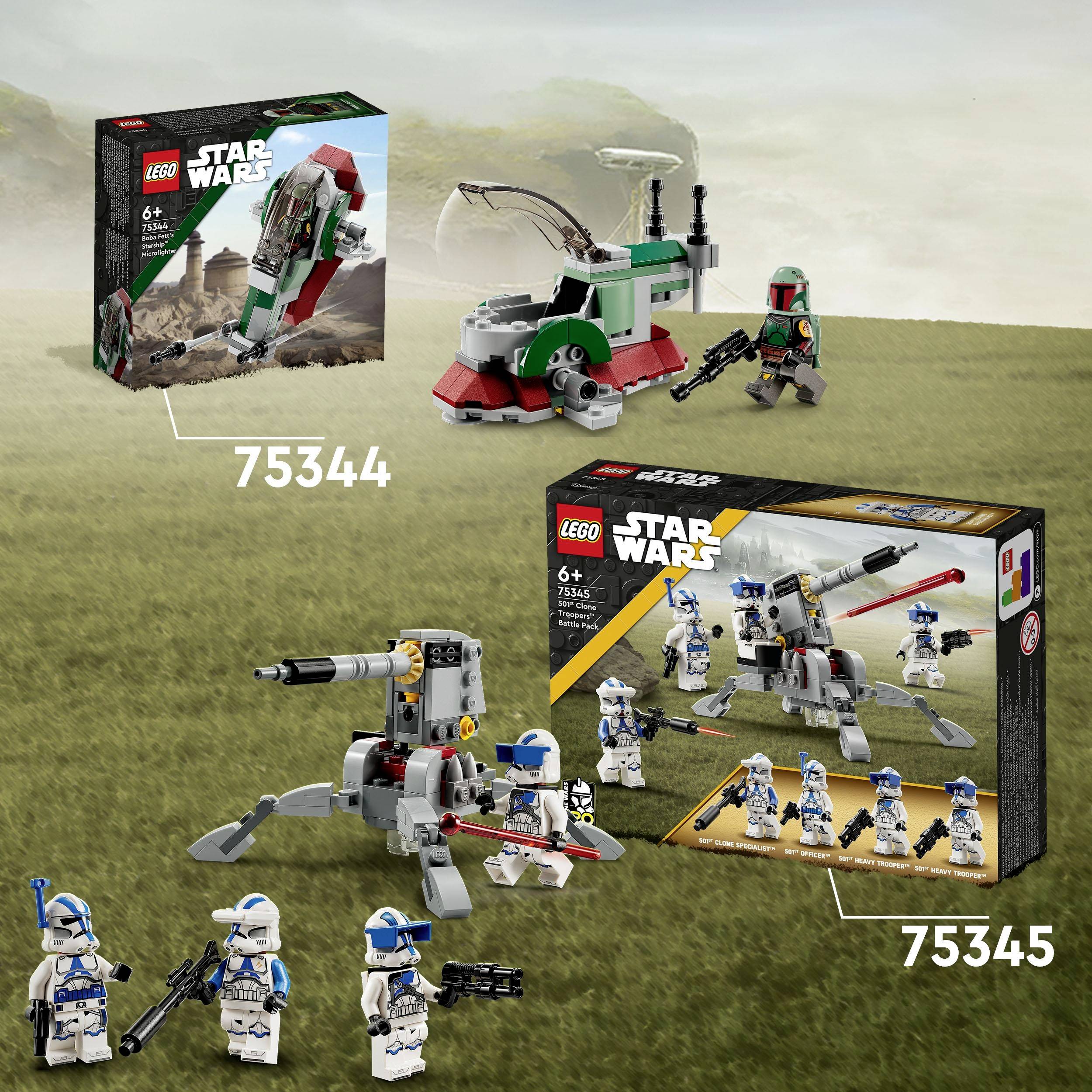 Zwei LEGO Star Wars Sets. Oben: Set 75344 mit einem Raumschiff und Figuren. Unten: Set 75345 mit Figuren und Ausrüstung.