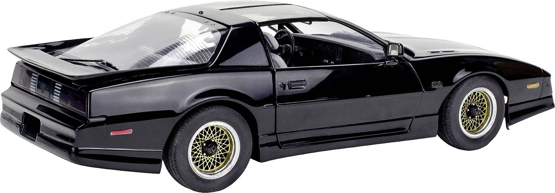 Schwarzer Sportwagen mit markanter Form und goldenen Felgen, seitlich schräg von hinten fotografiert.