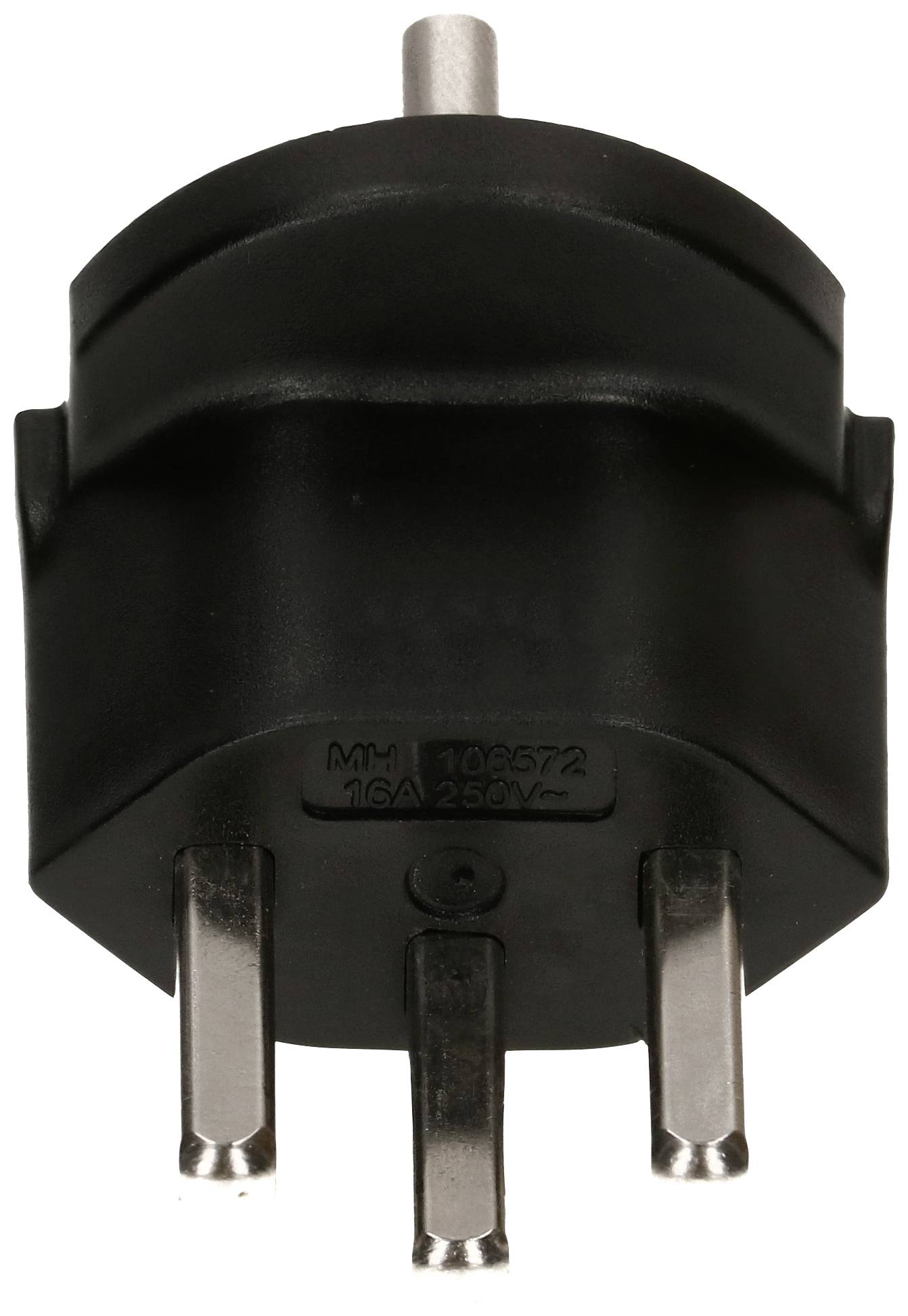Ein schwarzer Steckeradapter mit zwei runden und einem flachen Metallstift, geeignet für 16A und 250V elektrische Steckdosen.