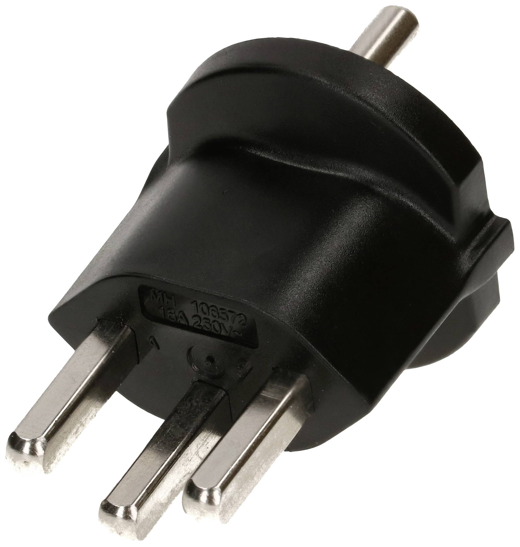 Ein schwarzer Steckdosenadapter mit drei Metallstiften, geeignet für Hochspannungsanwendung.