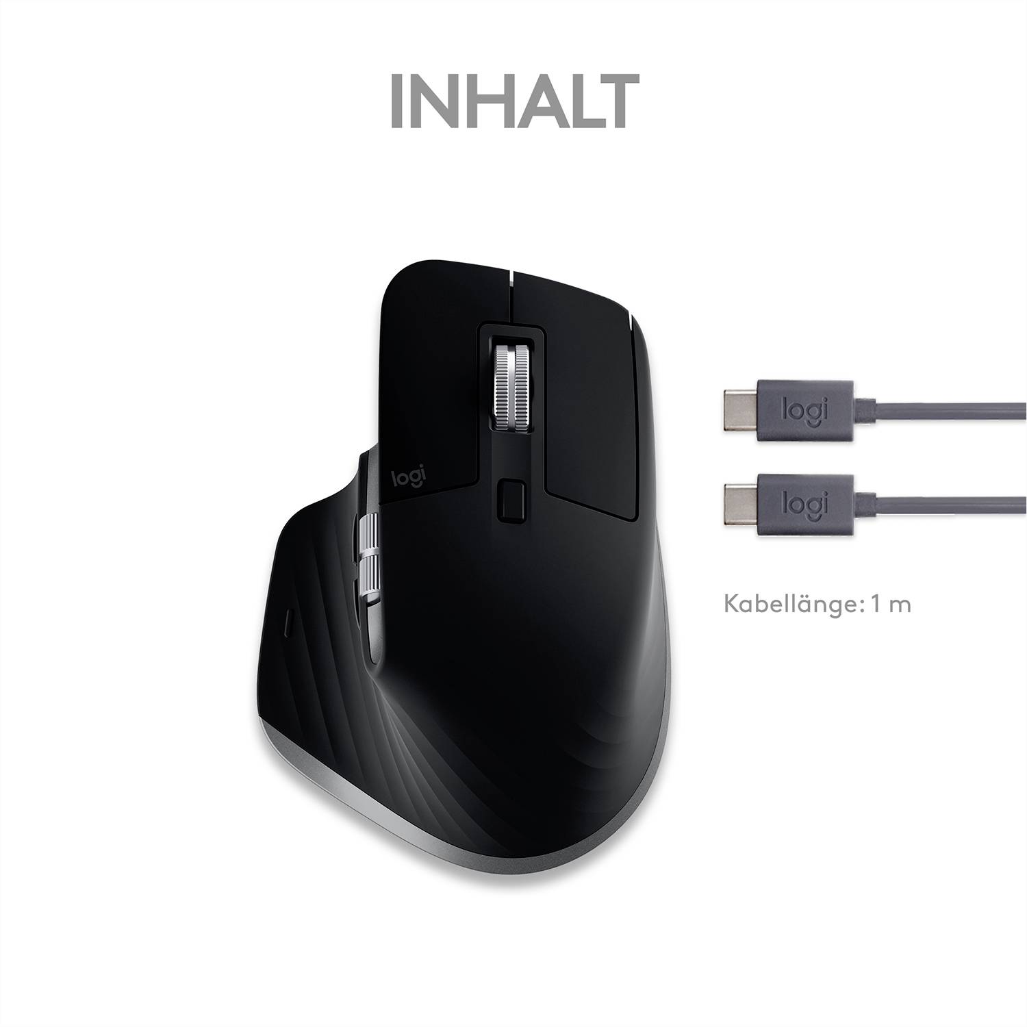 Kabellose schwarze Computermouse mit ergonomischem Design, daneben zwei USB-Kabel mit 1 m Länge, beschriftet mit 'Inhalt'.