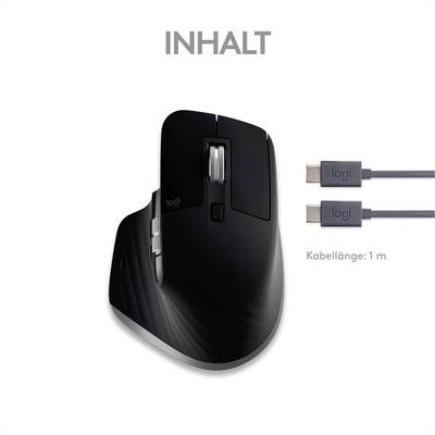 Kabellose schwarze Computermouse mit ergonomischem Design, daneben zwei USB-Kabel mit 1 m Länge, beschriftet mit 'Inhalt'.