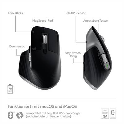 Schwarz-silberne Computermaus mit ergonomischem Design, mehreren Tasten und Rädchen. Beschriftung hebt Funktionen wie Daumenrad und leise Klicks hervor. Kompatibel mit macOS und iPadOS.