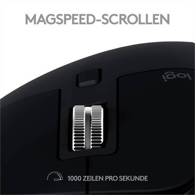 Schwarze Computermaus mit Magspeed-Scrollrad und der Beschriftung '1000 Zeilen pro Sekunde', zeigt schnelles Scrollen.