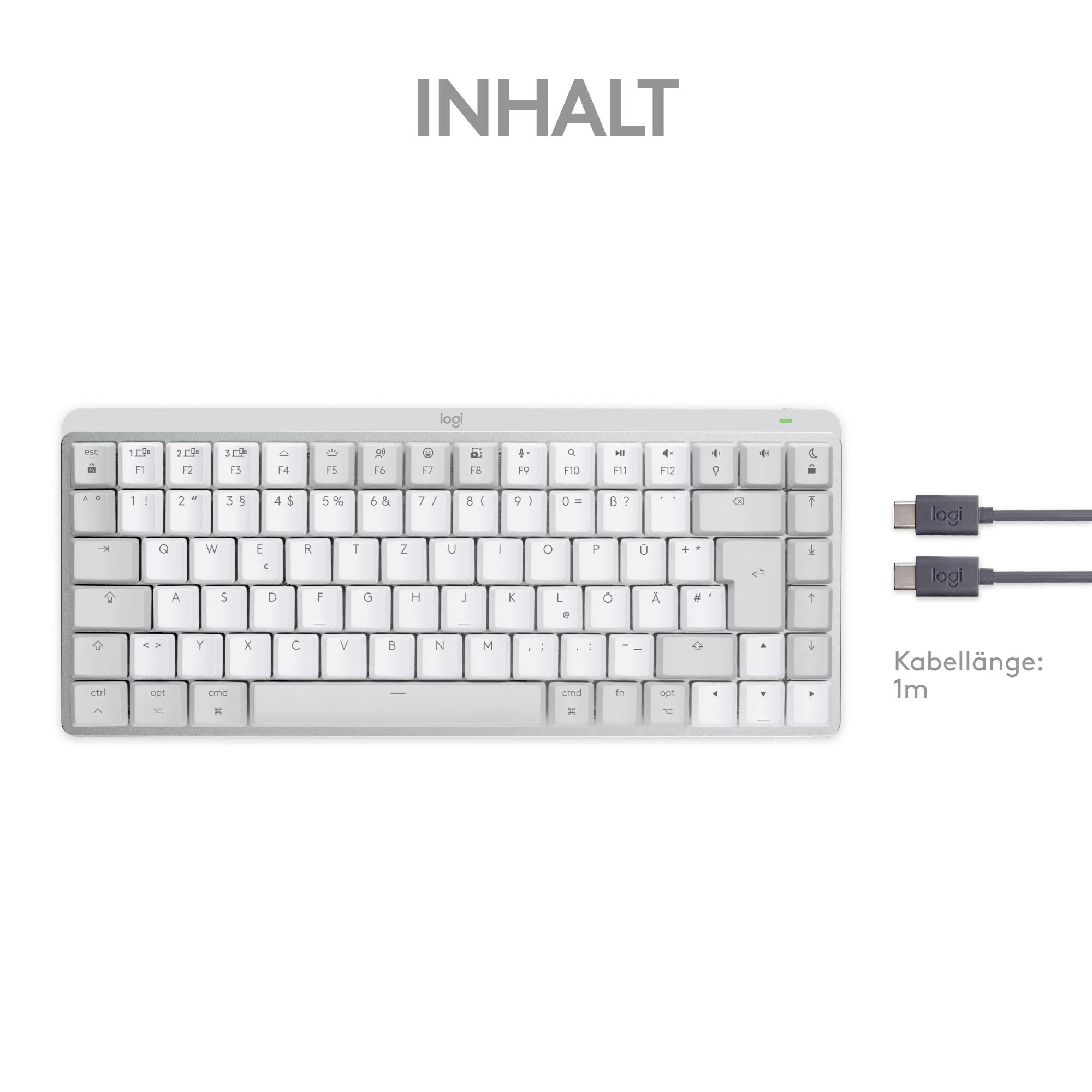 'Inhalt' zeigt eine weiße, kabelgebundene Computertastatur mit deutschem Layout und 1 Meter langem USB-Kabel.