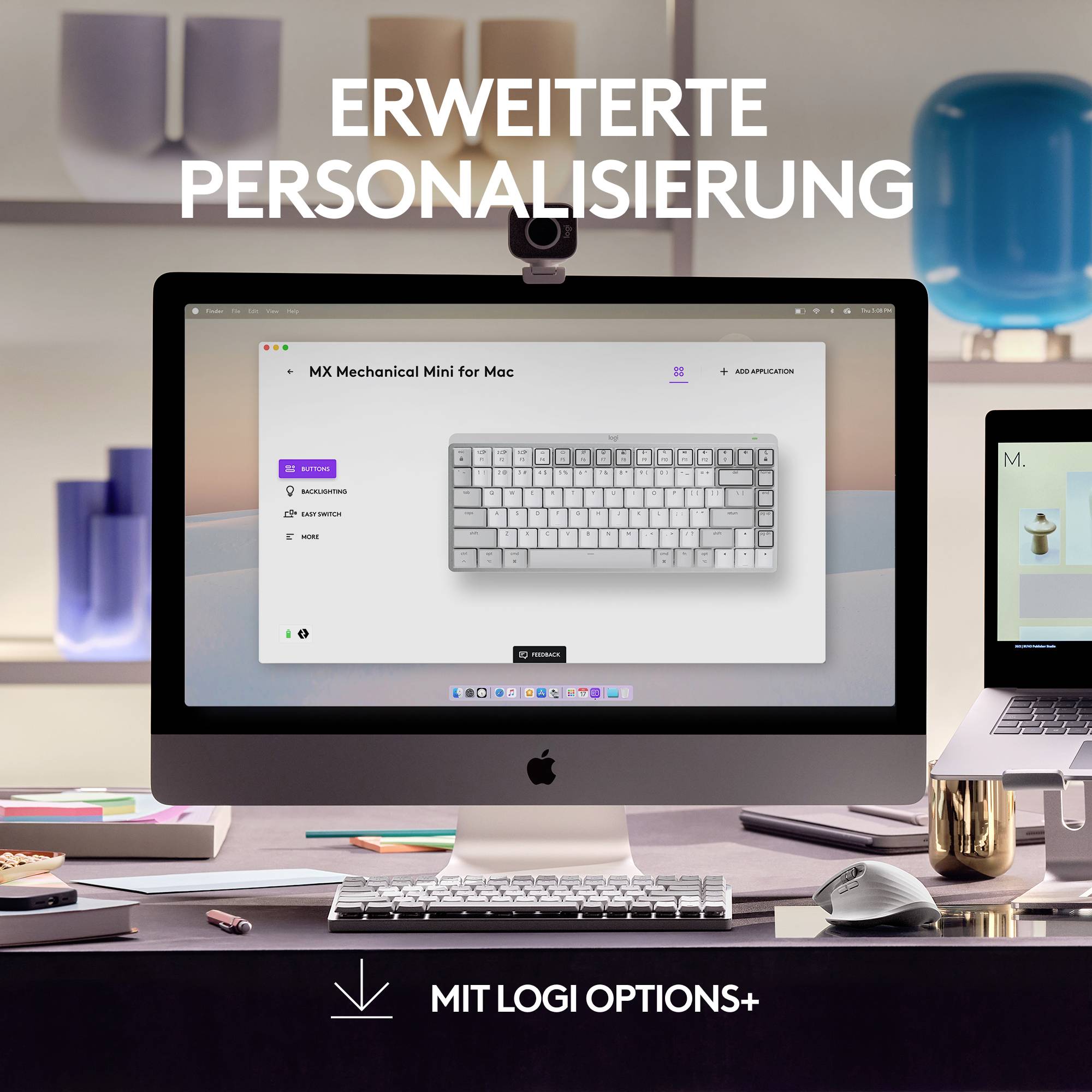 Ein iMac mit geöffneter Software zeigt die erweiterte Personalisierung der 'MX Mechanical Mini for Mac' Tastatur. Text: 'Erweiterte Personalisierung'.