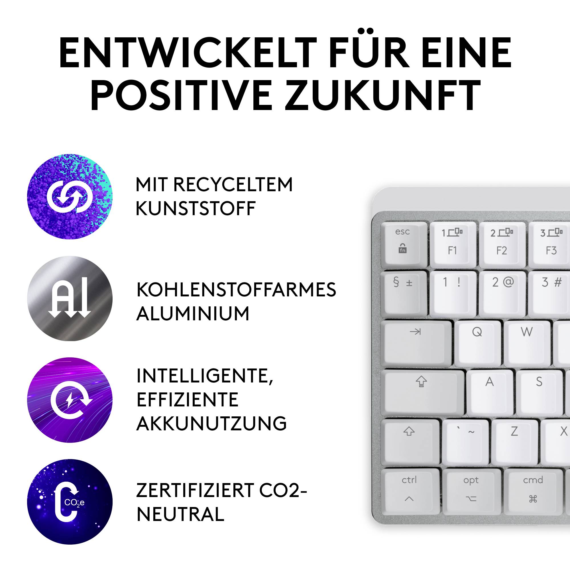 Tastatur mit Fokus auf nachhaltiges Design: recycelter Kunststoff, kohlenstoffarmes Aluminium, effiziente LED-Beleuchtung, CO2-neutral zertifiziert.
