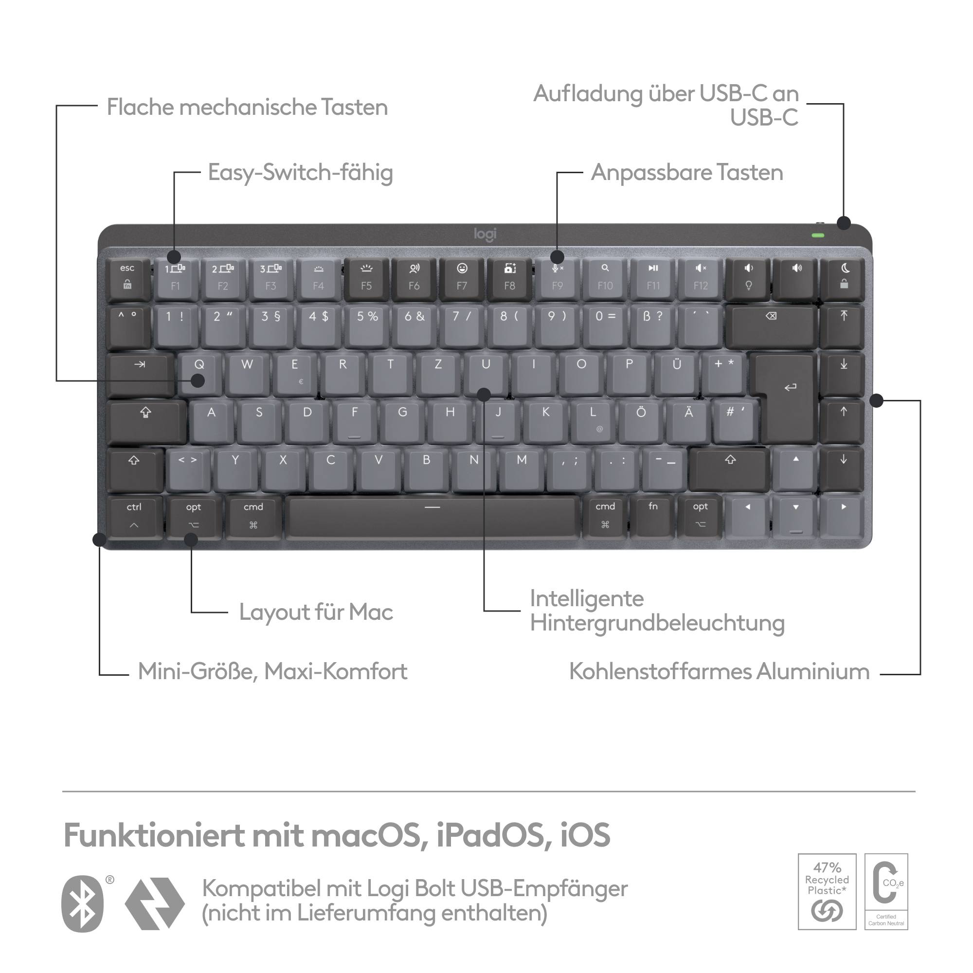 Logitech MX Mechanical Mini for Mac Minimalist Kabellos Tastatur Deutsch, QWERTZ, Mac Spacegrau Wiederaufladbar-5