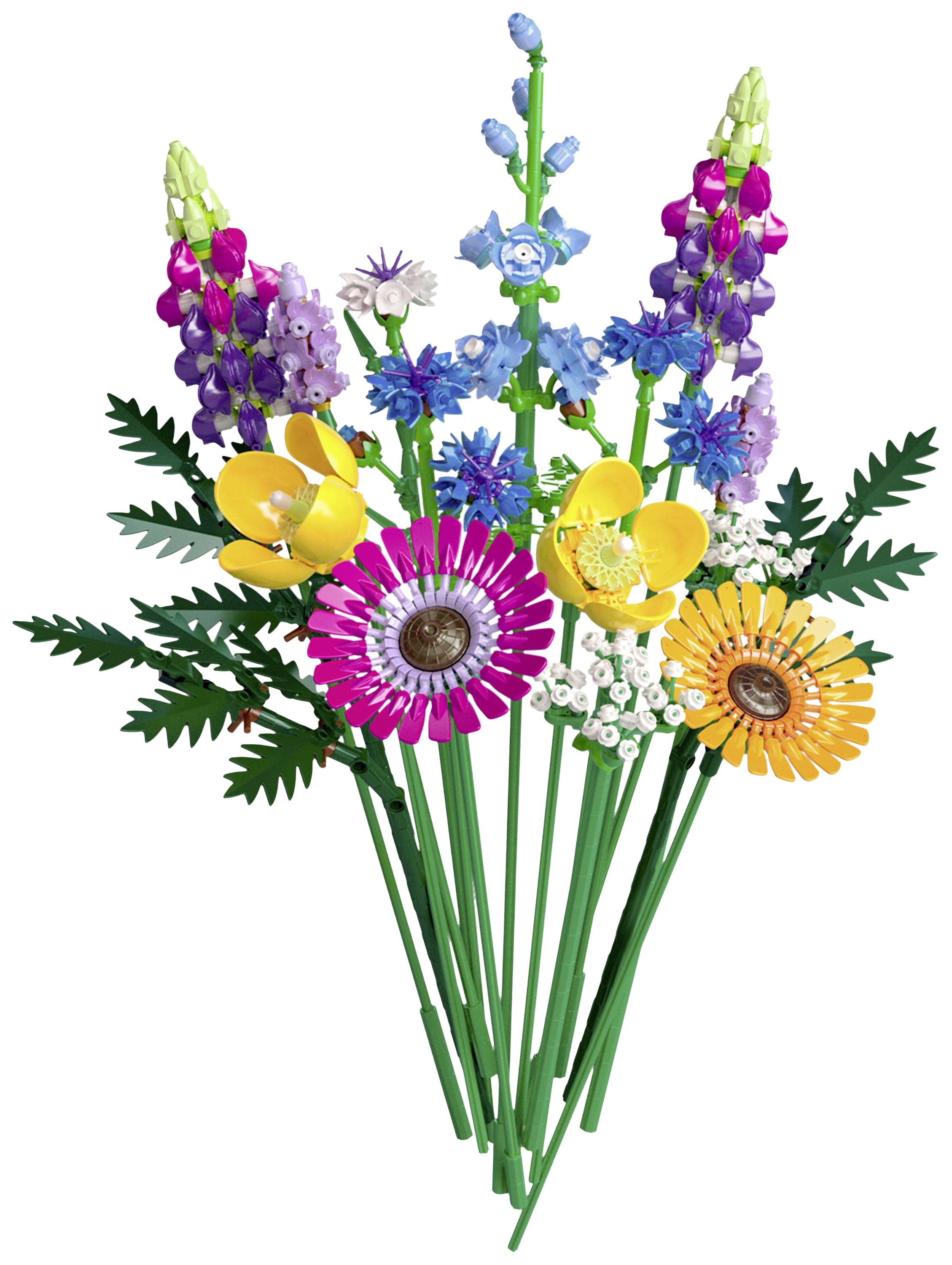 Ein bunter Strauß aus LEGO-Blumen mit grünen Stielen, darunter rosa, gelbe und lila Blüten, umgeben von grünen Blättern.