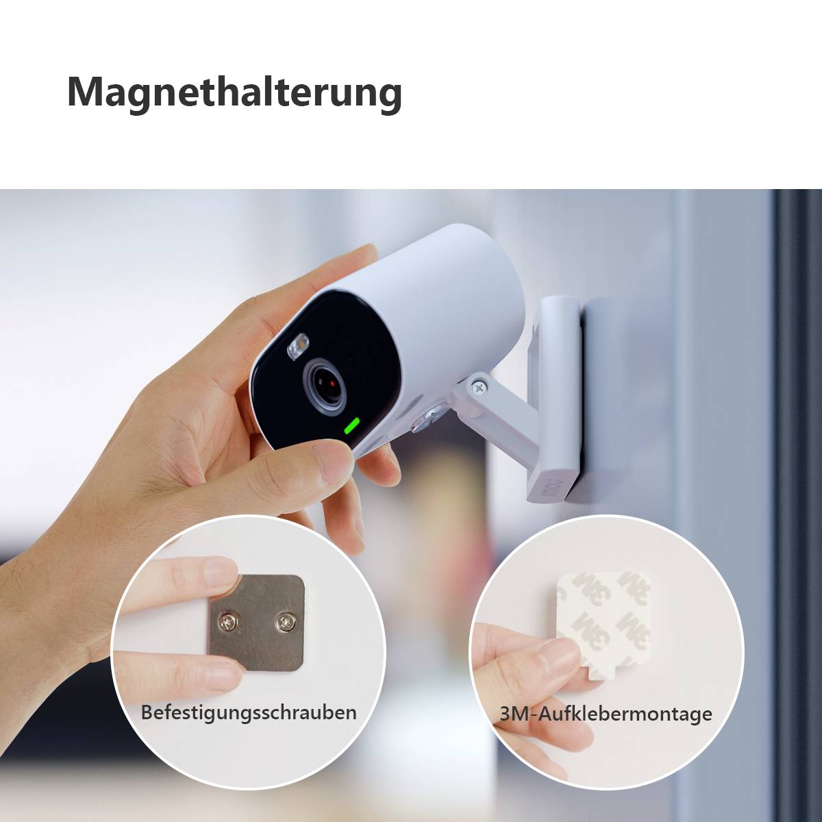 Eine Sicherheitskamera wird an der Wand montiert. Zwei Einfügungen zeigen Befestigungsschrauben und eine 3M-Aufklebemontageoption.