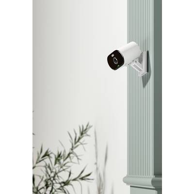 Überwachungskamera an einer Wand montiert, überwacht mit weitem Blickwinkel einen Bereich. Im Vordergrund sind verschwommene Pflanzen.