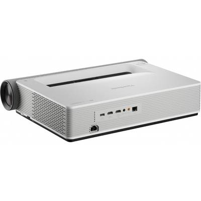 Ein weißer Kurzdistanzprojektor mit mehreren Anschlüssen, darunter HDMI und USB, seitlich sichtbar.