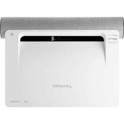 'ViewSonic Beamer von oben, weißes Gehäuse mit grauem Stoffdetail. 4K Laser-Technologie und DLP Display. Produktname sichtbar.'