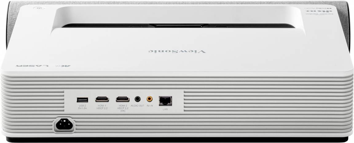 Projektor-Rückseite mit Anschlüssen: Strom, USB, HDMI, Audio, LAN. Oberseite mit ViewSonic-Logo. Gerät vor weißem Hintergrund.