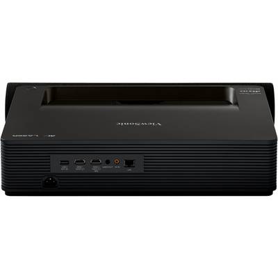 Ein schwarzer ViewSonic-Projektor mit mehreren Anschlüssen auf der Rückseite, einschließlich HDMI, USB und Ethernet, dargestellt.