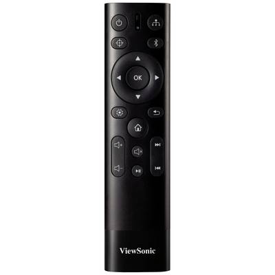 Eine schwarze Fernbedienung der Marke ViewSonic mit Tasten für Lautstärke, Navigation und Wiedergabesteuerung.