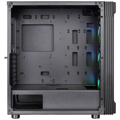 Ein schwarzes Computergehäuse mit einem offenen Inneren, das Platz für Komponenten bietet. Sichtbare Lüfter mit blauer und grüner Beleuchtung auf der rechten Seite.