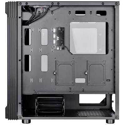 Computer-Gehäuse in Schwarz, geöffnet, zeigt Innenaufbau mit Montageschienen, Kabeln und Platz für Hardwarekomponenten.