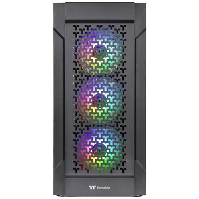 Ein PC-Gehäuse mit drei leuchtenden RGB-Lüftern hinter einer perforierten Frontblende.