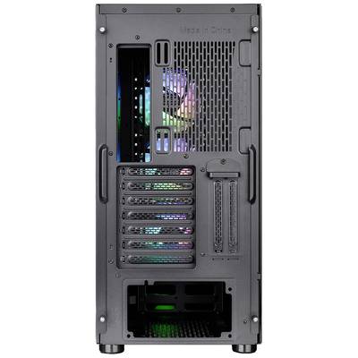 Die Rückseite eines Computergehäuses mit sichtbarem RGB-Lüfter und mehreren Erweiterungsslots. Oberhalb steht 'Made in China'.