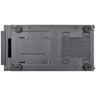 Die Unterseite eines elektronischen Geräts mit vier Gummifüßen, Lüftungsgitter und mehreren Schrauben.