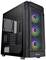 Schwarzes PC-Gehäuse mit transparentem Seitenteil und bunter LED-Beleuchtung auf der Front. Geeignet für Gaming oder High-Performance-PCs.