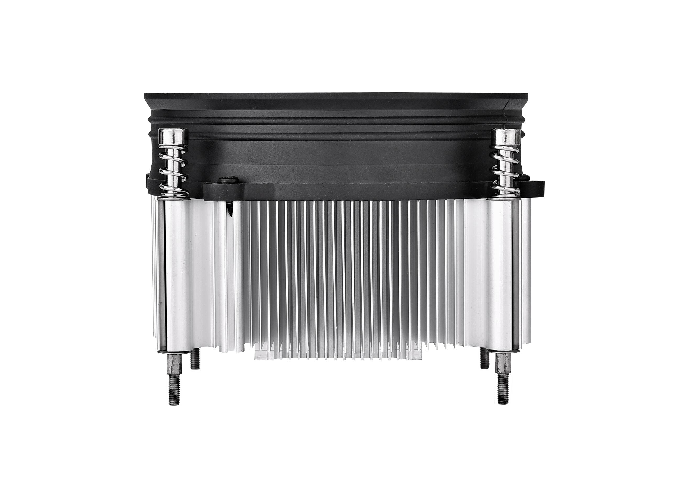 Ein Computer-CPU-Kühler mit Aluminiumkühlrippen und schwarzer Kunststoffabdeckung, seitlich mit Schrauben befestigt.