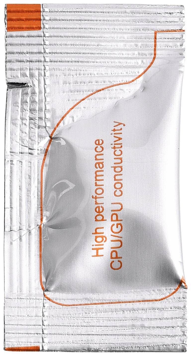 'High performance CPU/GPU conductivity' steht auf einer silbernen Verpackung eines Wärmeleitpastenprodukts.