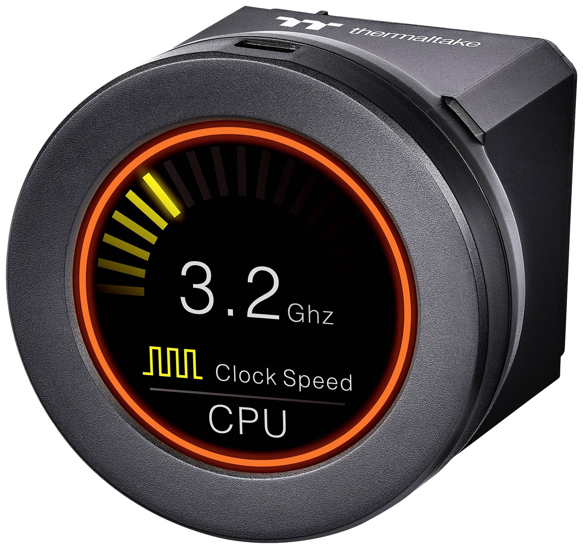 Der CPU-Monitor zeigt eine Taktfrequenz von 3,2 GHz, umgeben von gelben Balken. Oben steht 'thermaltake', unten 'Clock Speed CPU'.