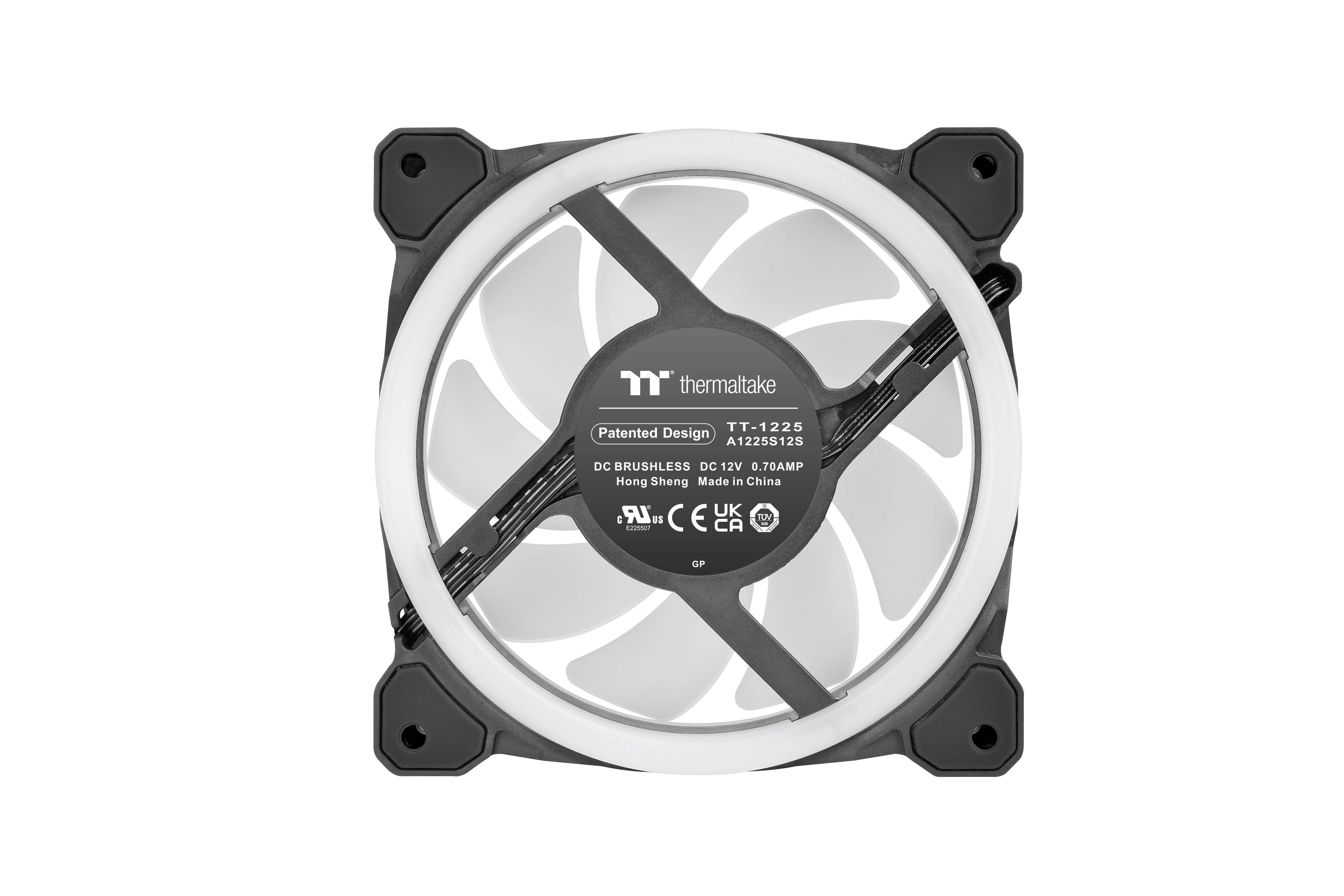 Schwarzer Computerlüfter mit weißen Flügeln und LED-Beleuchtung von Thermaltake, Modell TT-1225, gezeigt von oben.