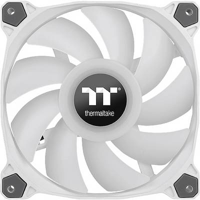 Ein weißer Lüfter von Thermaltake mit einem zentralen Logo. Der Lüfter hat neun Blätter und ist für Computergehäuse geeignet.