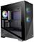 Schwarzes PC-Gehäuse mit gläserner Front; drei RGB-Lüfter sichtbar. Gehäuse ist leer und zeigt Raum für Komponenten.