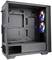 Schwarzes PC-Gehäuse mit transparenten Seiten, ohne Komponenten, zeigt Lüfter mit RGB-Beleuchtung auf der rechten Seite.