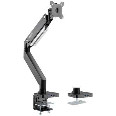 Verstellbarer Monitorarm in schwarzem Design mit flexibler Halterung und integrierter USB-Anschlussleiste zur Tischmontage.
