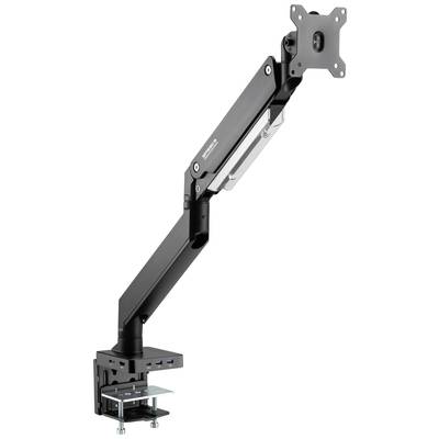 Schwarzer Monitorarm zur Tischbefestigung, mit USB-Anschlüssen und verstellbarem Gelenk für flexible Bildschirmpositionierung.