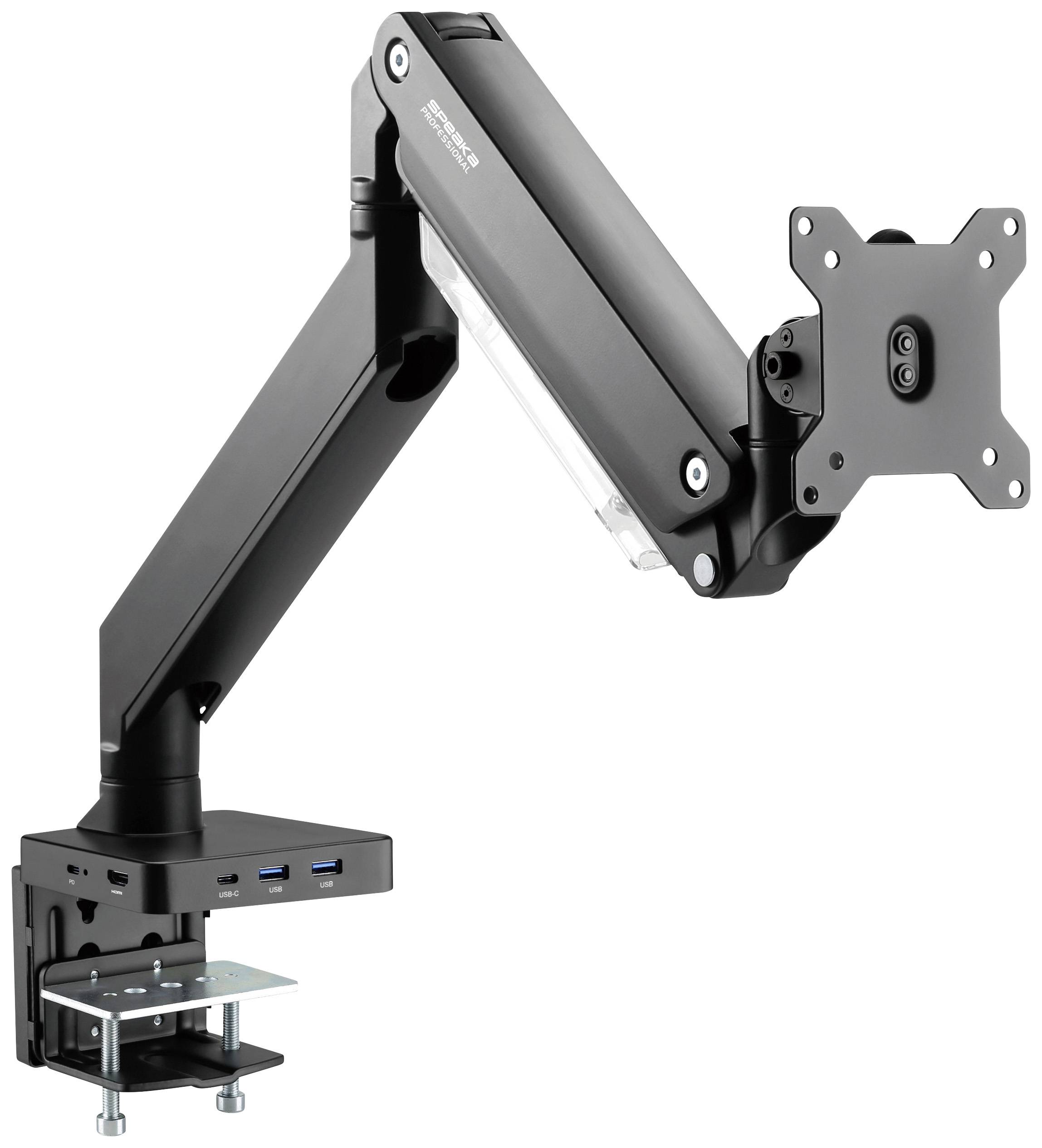 Schwenkbarer Monitorarm in Schwarz, Büromöbel-Hardware, geeignet für Schreibtische, mit USB-Anschlüssen und Tischhalterung.