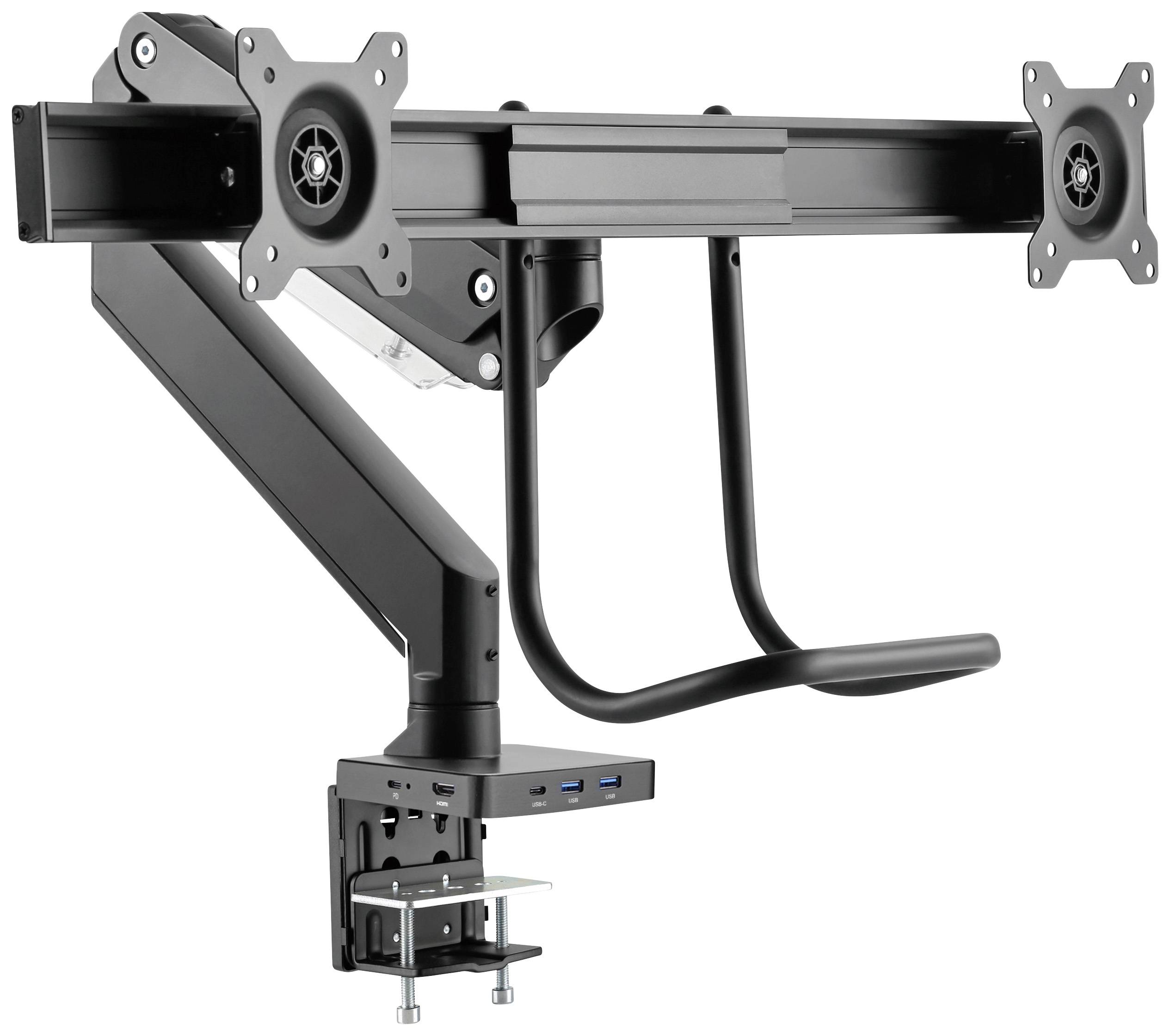 Schwarzer, schwenkbarer Doppelmonitor-Halter mit USB-Anschlüssen, zur Befestigung an Tischen. Ideal für ergonomische Arbeitsplatzgestaltung.