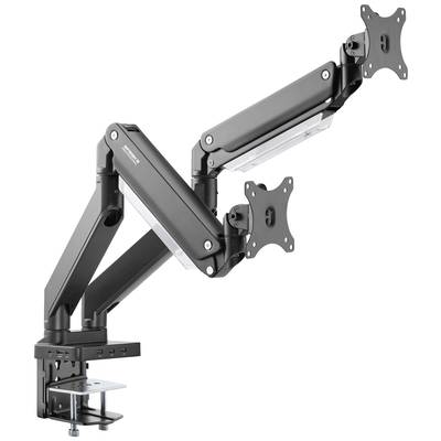 Ein verstellbarer Monitorarm in schwarzer Farbe, der an einem Tisch befestigt ist. Geeignet für zwei Monitore, mit flexibler Gelenkstruktur.