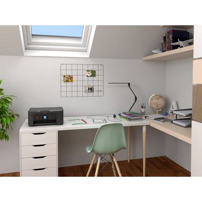 Ein aufgeräumter Schreibtisch unter einem Dachfenster mit Drucker, Stuhl, Globus und Pflanzen. Regale mit Büchern und Modellen.