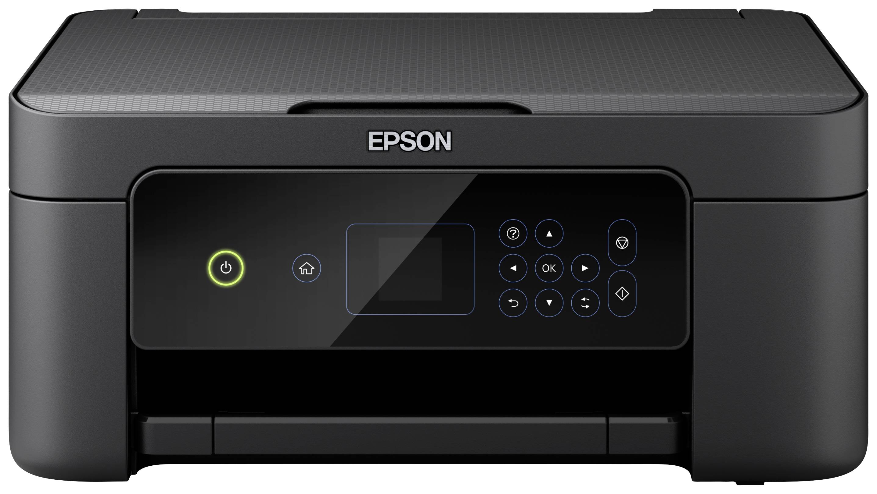 Schwarzer Epson-Tintenstrahldrucker mit Bedientasten und LED-Anzeigen auf der Vorderseite.
