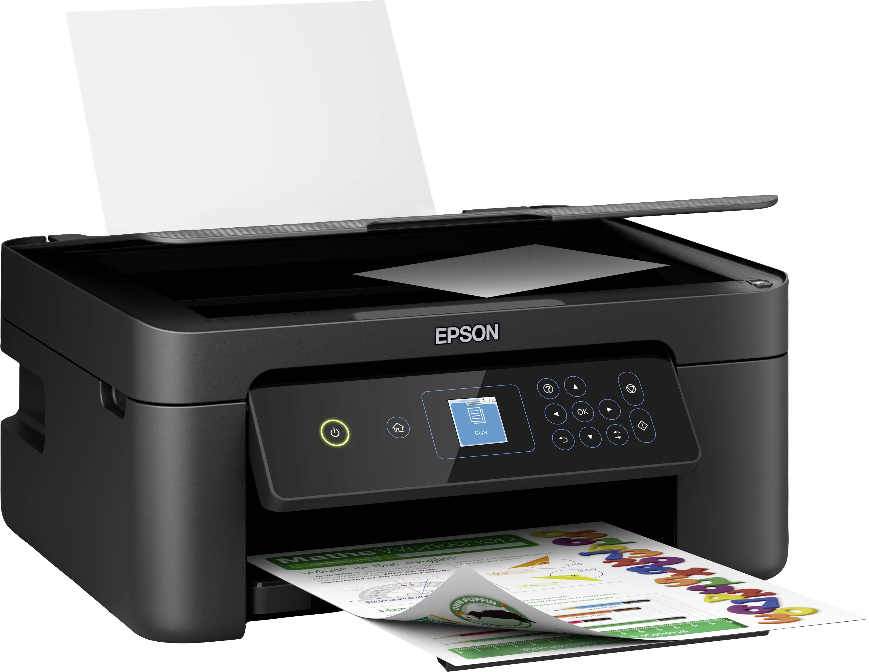 Drucker von Epson mit eingescanntem Dokument, das bunte Grafiken und Text enthält. Vorderansicht mit sichtbar geladenem Papier.